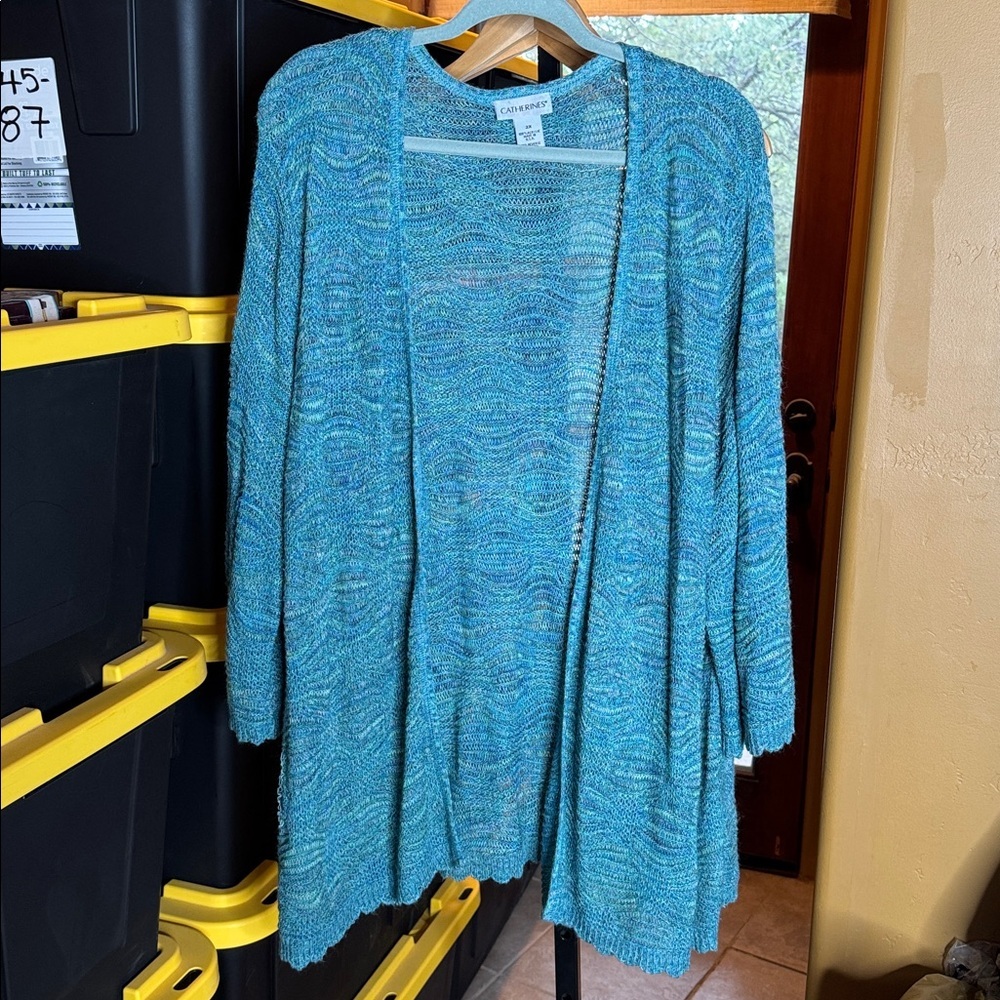 Catherine’s Blue Teal Open Front Knit Tunic Cardigan Size 2X